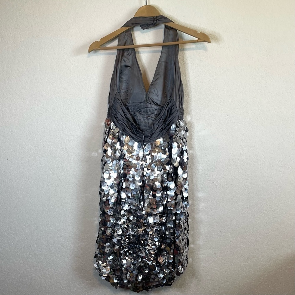 Beyond by Jovani Silver Cocktail Sequin Gray Halter Mini Dress 100% Silk Size 8 - Picture 7 of 12